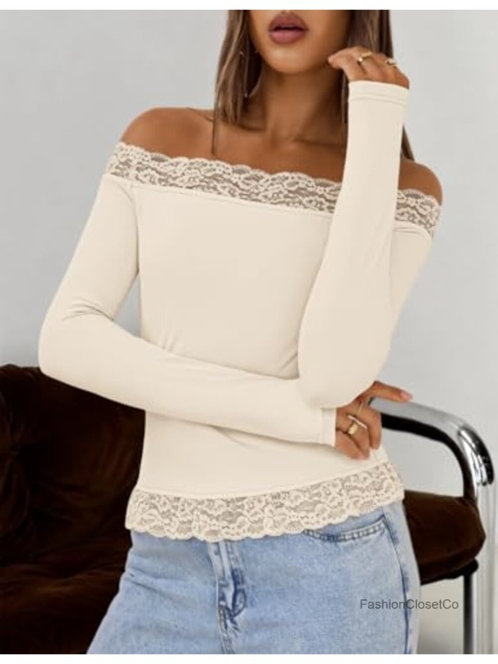 Women's Off Shoulder Long Sleeve Lace Crop Top Y2K - Picture 4 of 6